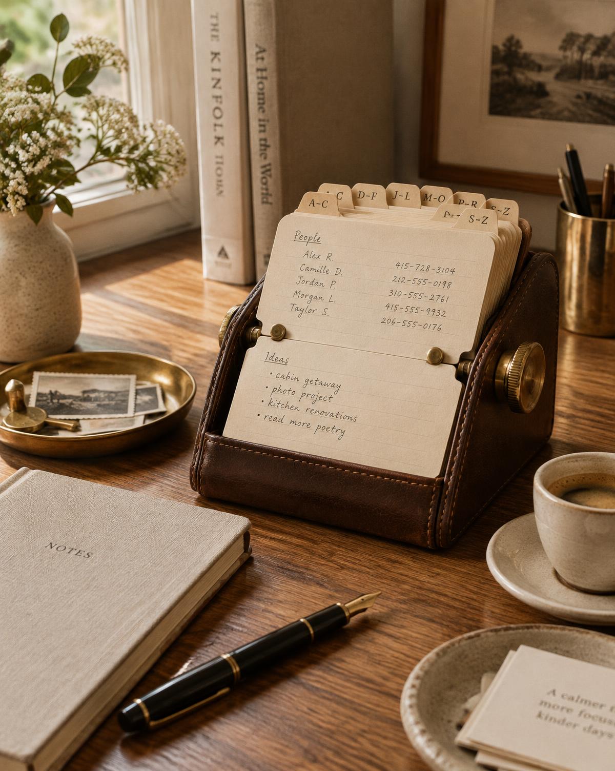 An open leather rolodex of handwritten contact cards on a wooden desk